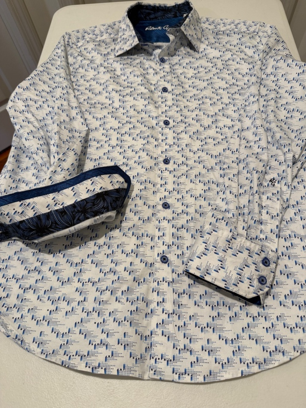 Robert Graham White/Navy Geo-Print Button-Down Shirt Navy Buttons Spring Luxe XL